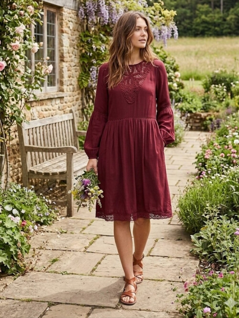 Maroon lacey boho dress M American Eagle